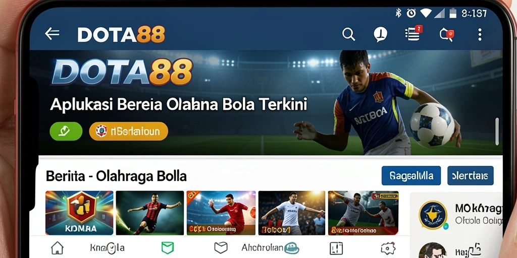 Antarmuka aplikasi DOTA88 yang menampilkan berita olahraga bola terkini.